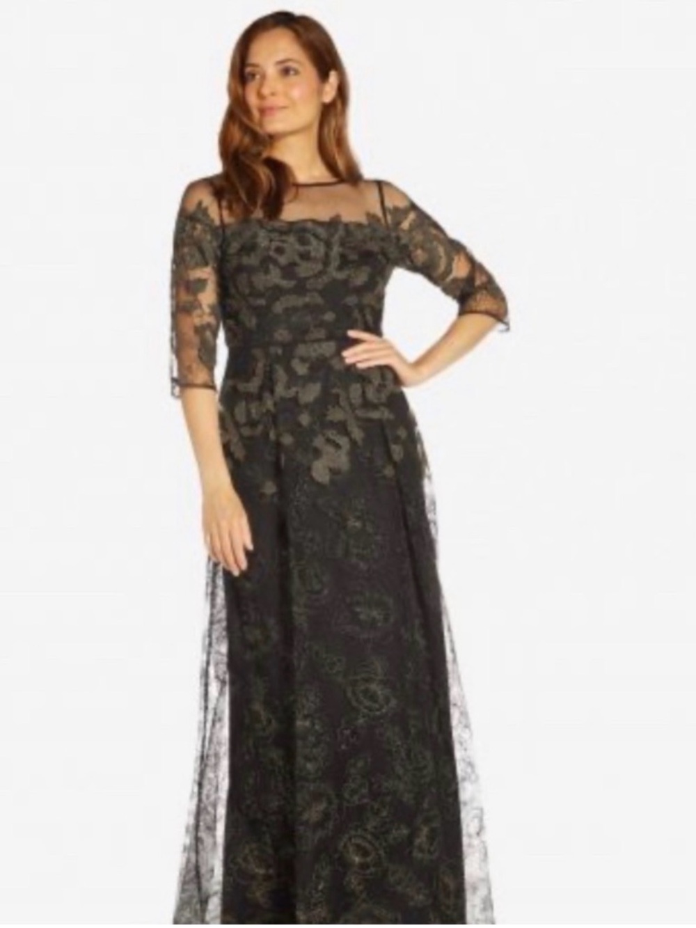 Adrianna Papell Black Lace Overlay Maxi Gown NWT